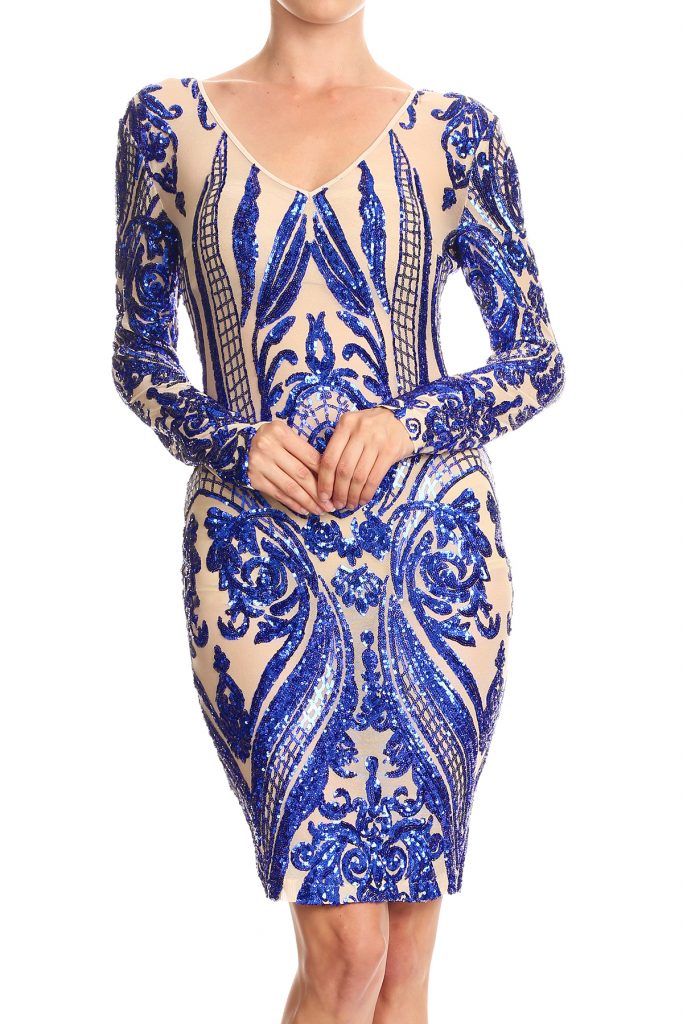 2Chique Boutique Women's Long Sleeve V Neck Body con Sequins Dress (medium)