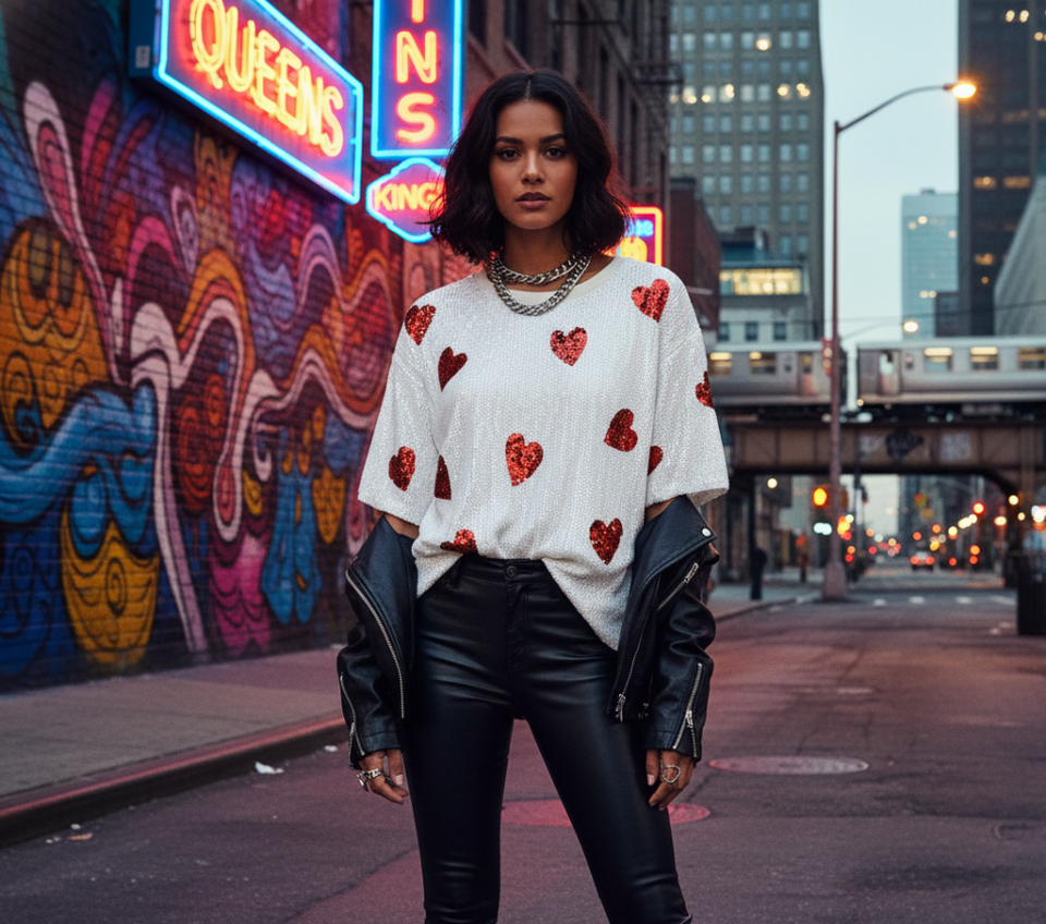 2Chique Boutique Women's Multiple Heart Sequin Crop Top One Size White