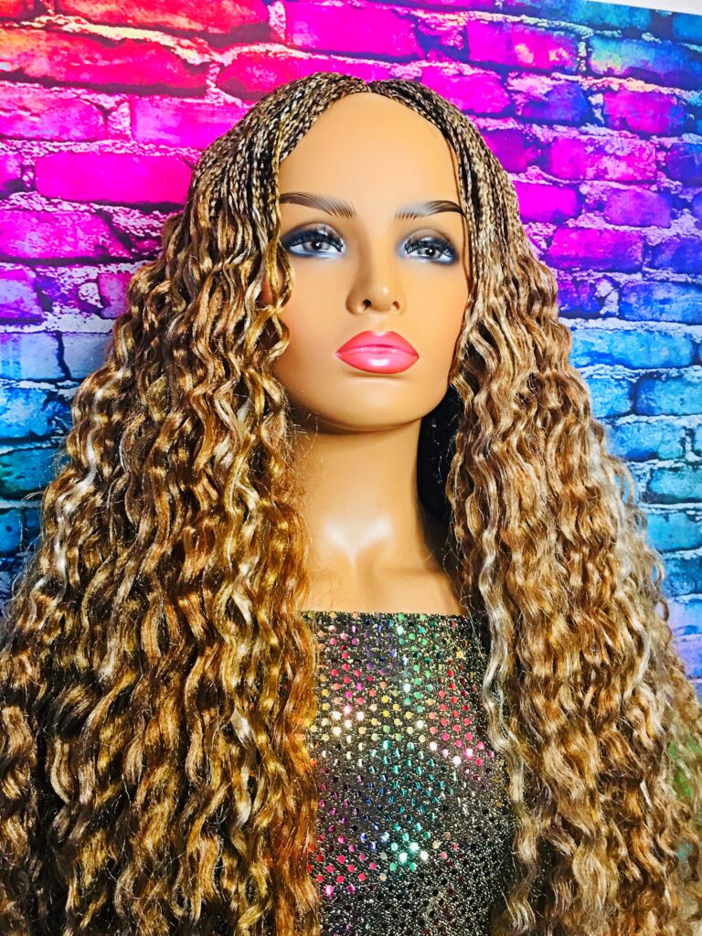 Gold Mix Micro Braided Synthetic Wig, Deep Wave 36 Inches