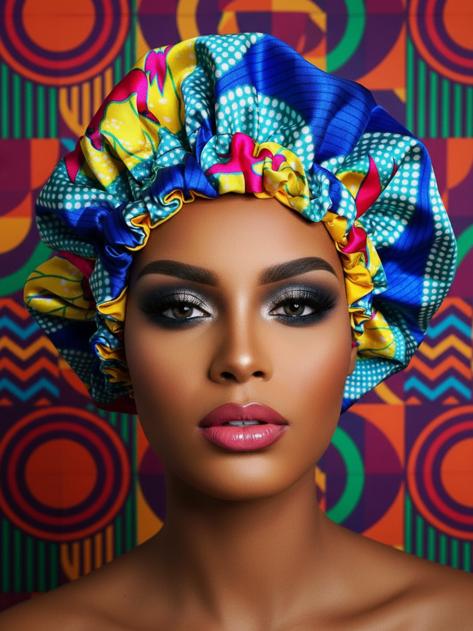 African Ankara Print Satin Bonnet Multi Color Patterns Blue/Multi