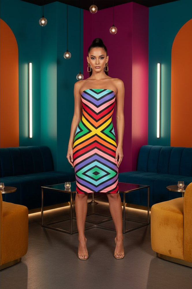 2Chique Boutique Women's Rainbow Color Block Printed Tube Midi Dress