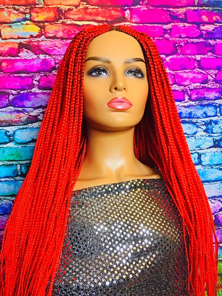 2Chique Boutique Women's Cornrow Box Braided Wig Color Red, 30 Inches