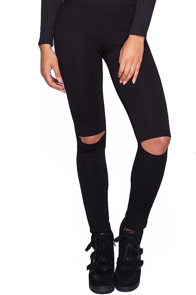 2Chique Boutique Women's Black High Waisted Leggings with Knee Cut Out Detail (large)
