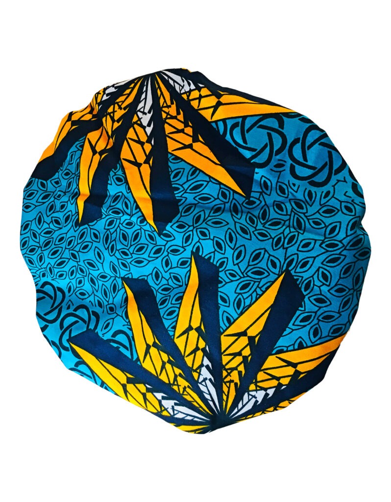 African Ankara Print Satin Bonnet Multi Color Patterns Blue/Yellow