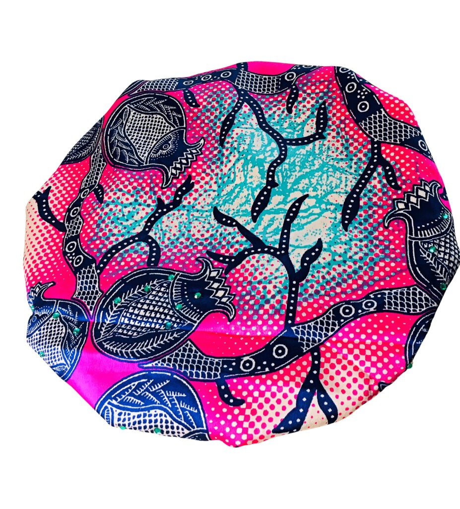 African Ankara Print Satin Bonnet Multi Color Patterns Pink/Multi