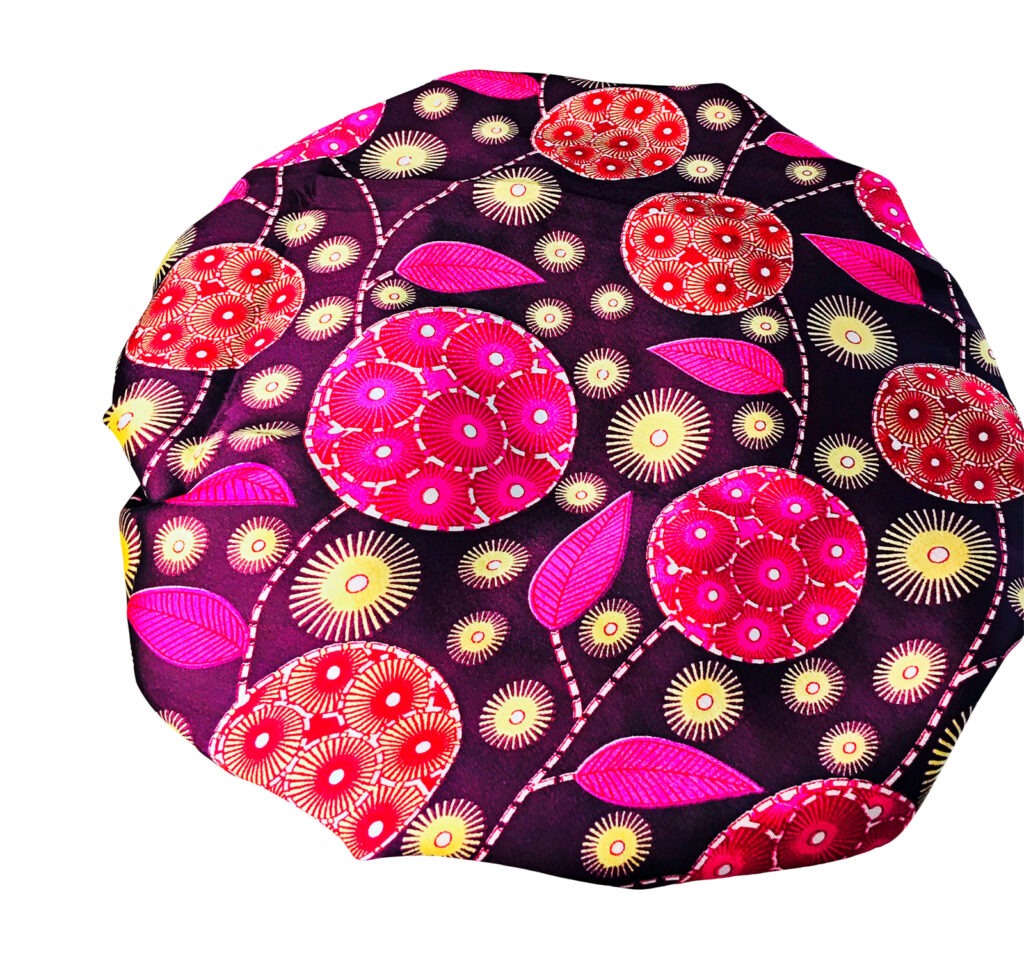 African Ankara Print Satin Bonnet Multi Color Patterns Purple/multi