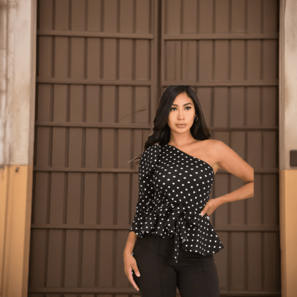 One Shoulder Polka Dot 3/4 Sleeve Belted Peplum Fashion Top
