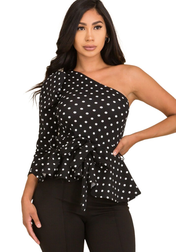 One Shoulder Polka Dot 3/4 Sleeve Belted Peplum Fashion Top