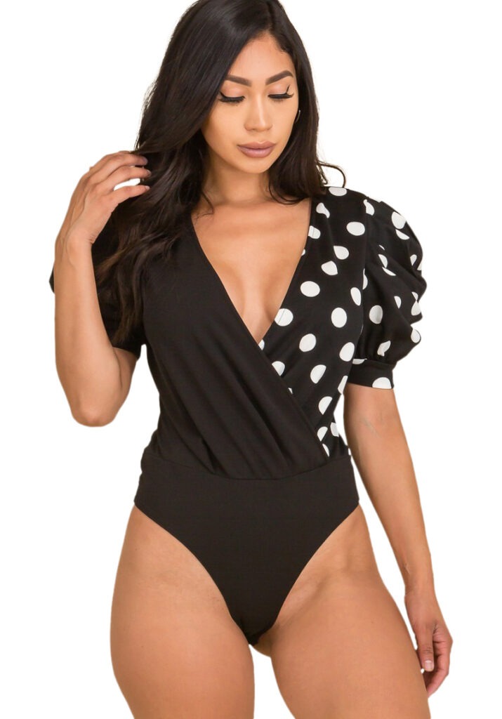 Solid Techno Crepe Fabric and Polka Dot Combi Puff Sleeve Wrap Bodysuit