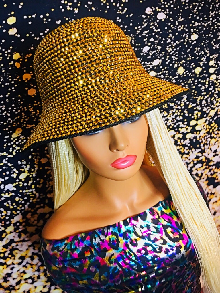 Rhinestone Embellished Bucket Hat Gold