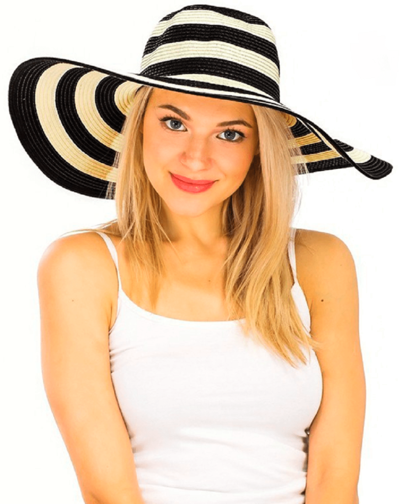Color Block Striped Wide Brim Floppy Toyo Straw Sun Hat Black Beige