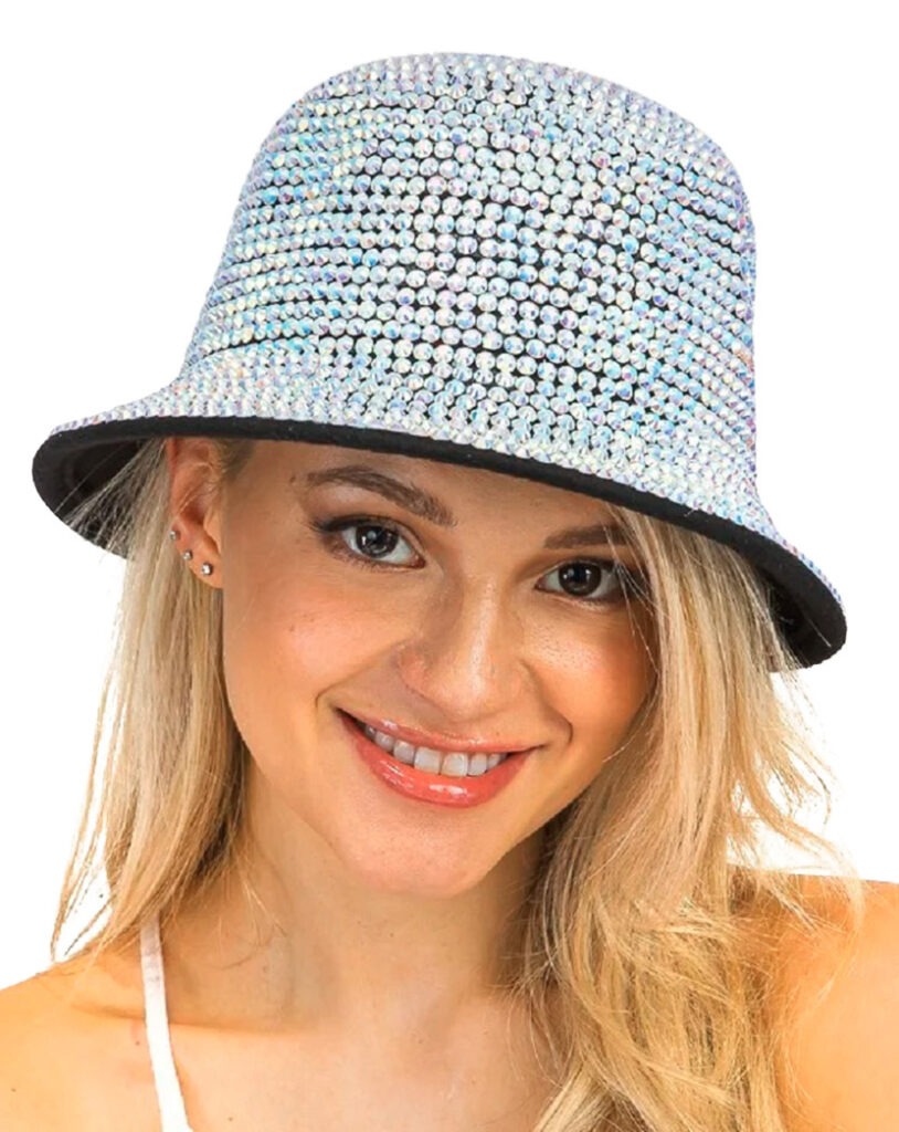 Rhinestone Embellished Short Brim Bucket Hat AB Stone