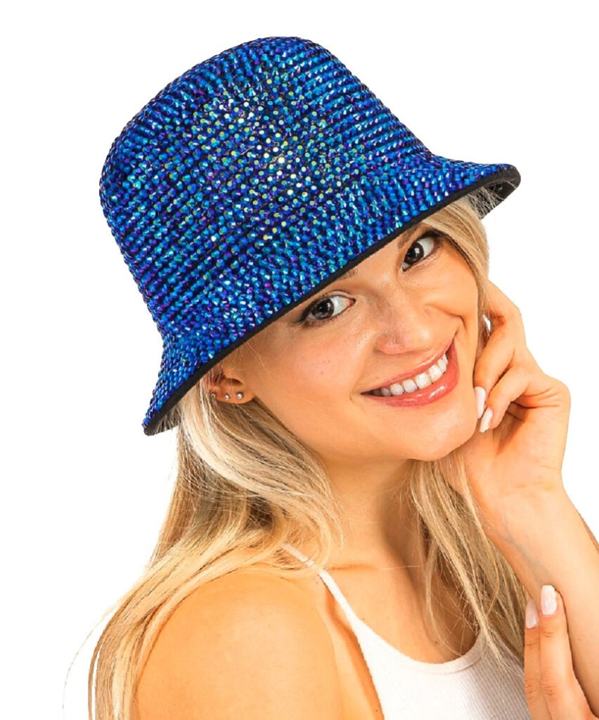 Rhinestone Embellished Short Brim Bucket Hat Blue