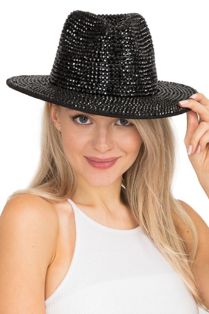 Extra Bling Black Rhinestone Embellished Wide Brim Fedora Hat