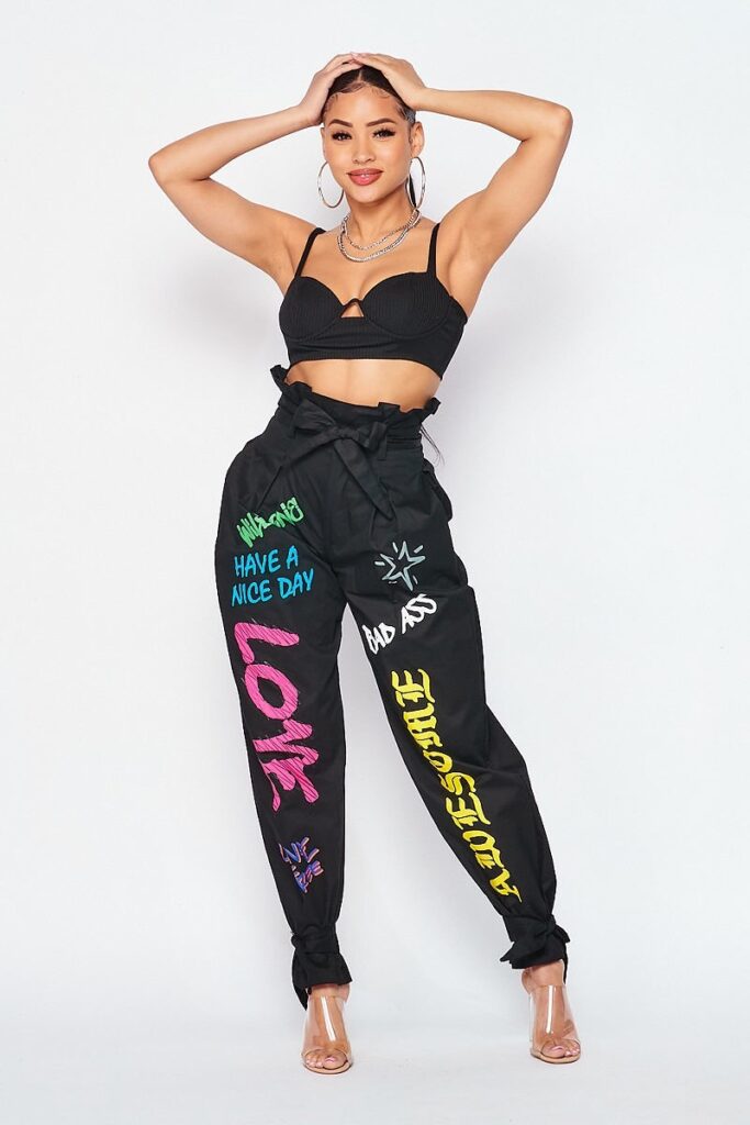 High Waist Graffiti Harem Pants with Self String