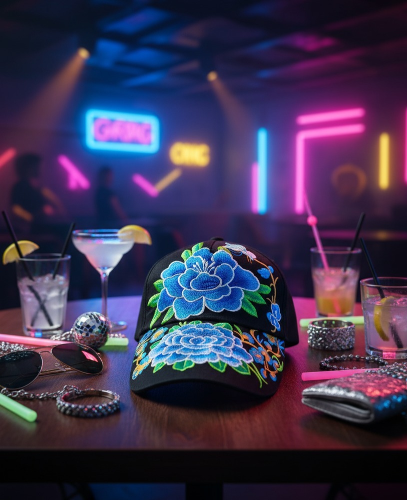 Boho Tropical Floral Garden Embroidered Snap Back Trucker Hat Royal Blue