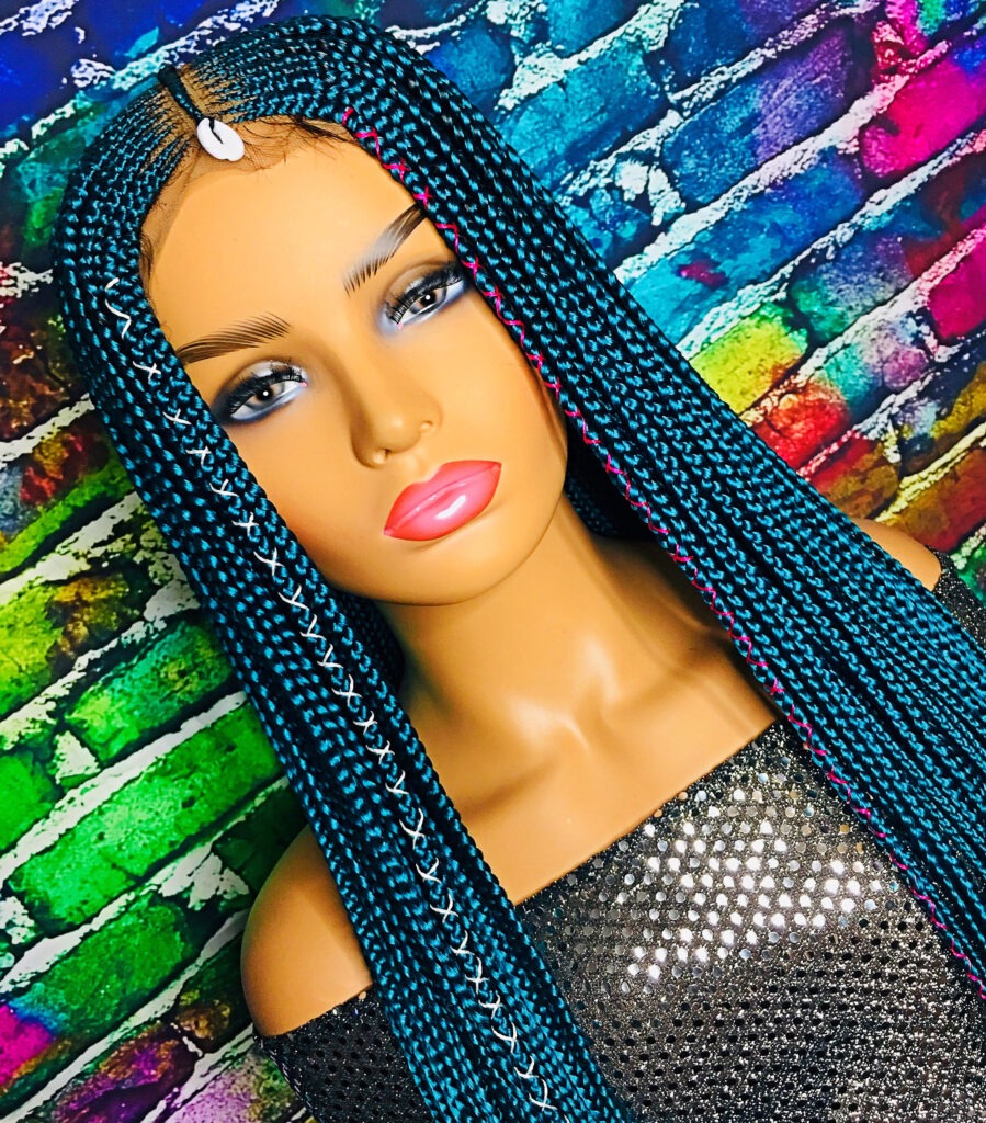 2Chique Boutique Women's Handmade Fulani Cornrow Braided Wig Color Blue 33 inches