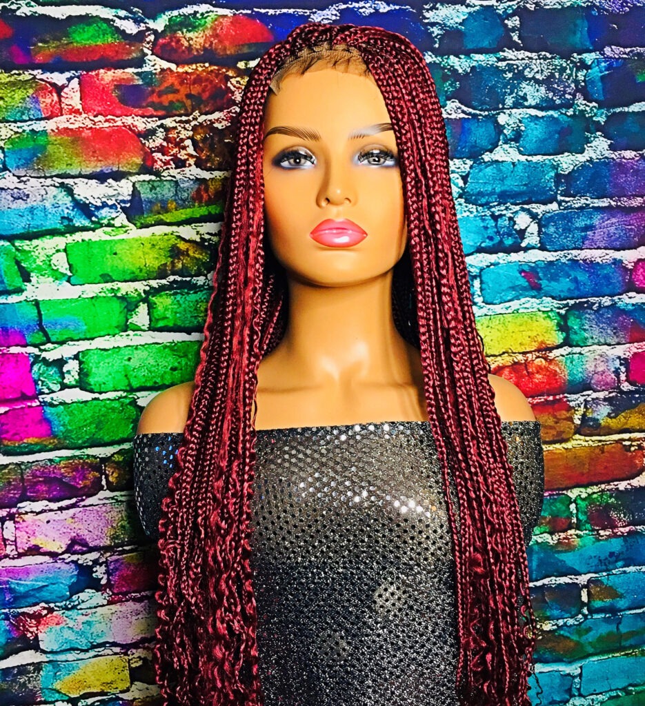 Handmade Knotless Braided Wig with Curls Color 99j 40 inches