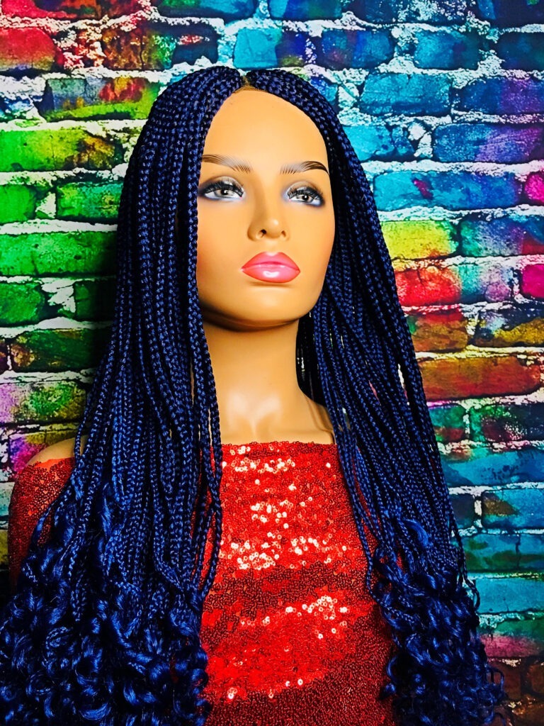 2Chique Boutique Women's Cornrow Box Braid Wig with Deep Waves Color Midnight Blue 26 Inches