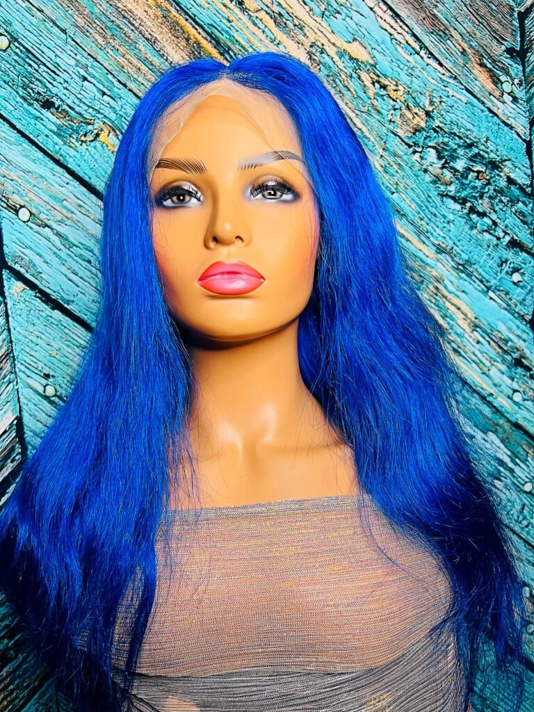 2Chique Boutique Silky Straight Color Blue Human Hair Wig 13x4 Transparent Lace 20 Inches