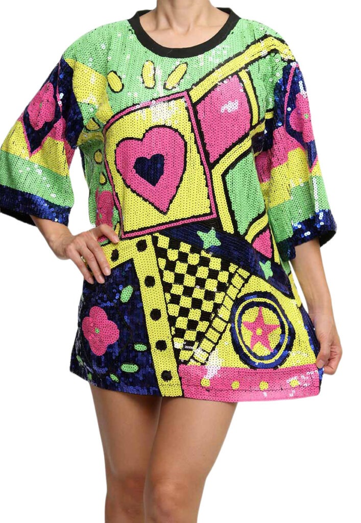Multicolor Printed Sequin T Shirt Dress One Size Fits All