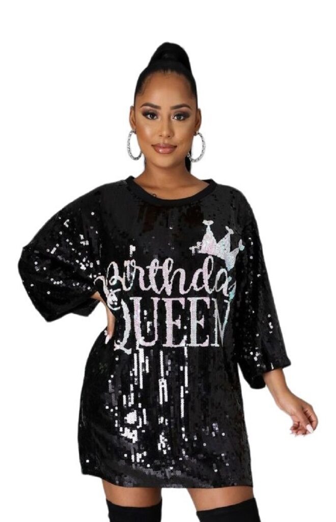 2Chique Boutique Women's Sequin T Shirt Dress Birthday Queen One Size Fits All Black