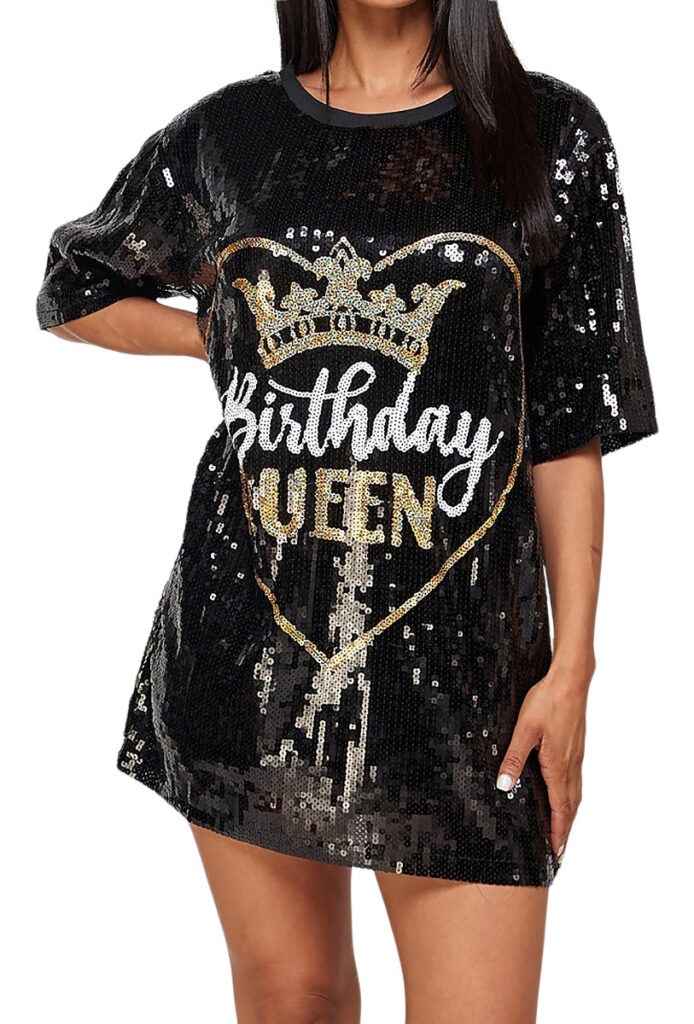 2Chique Boutique Women's Sequin T Shirt Dress Birthday Queen with Heart One Size Fits All Black