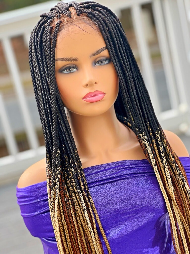 2Chique Boutique Women’s Handmade Box Braid Closure Wig Ombre Color 1b/27/30/39J, 34″