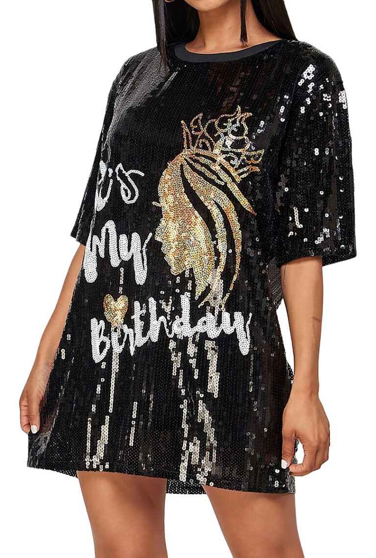 2Chique Boutique Women’s Sequin T Shirt Dress Its My Birthday with Gold ...