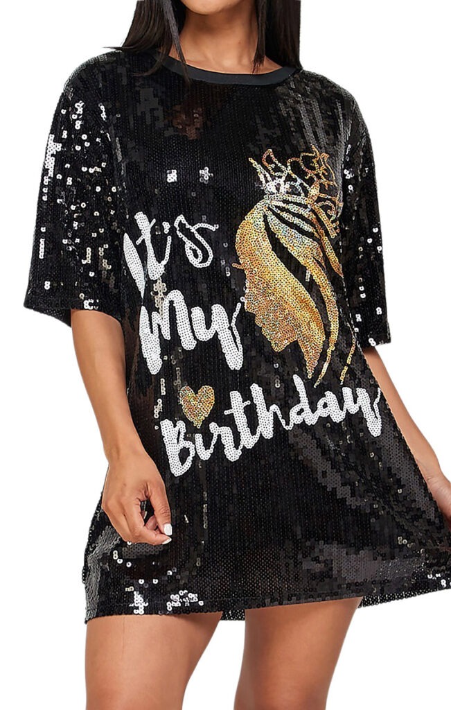 2Chique Boutique Women's Sequin T Shirt Dress Its My Birthday with Gold Crown and Heart One Size Fits All Black