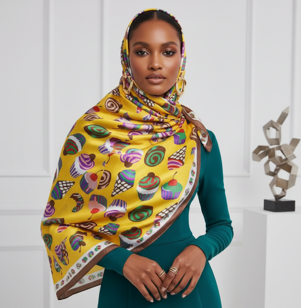 Gold Multi Ice Cream and Cupcake Print Satin Stripe Scarf