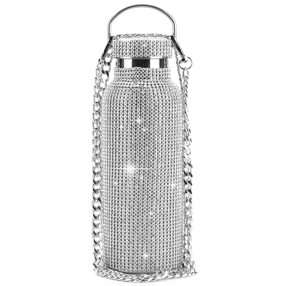 2Chqiue Boutique Diamond Water Bottle Bling Rhinestone Stainless Steel Thermal Bottle Refillable Insulated Water Bottle With Carry on Chain for Women 500ML
