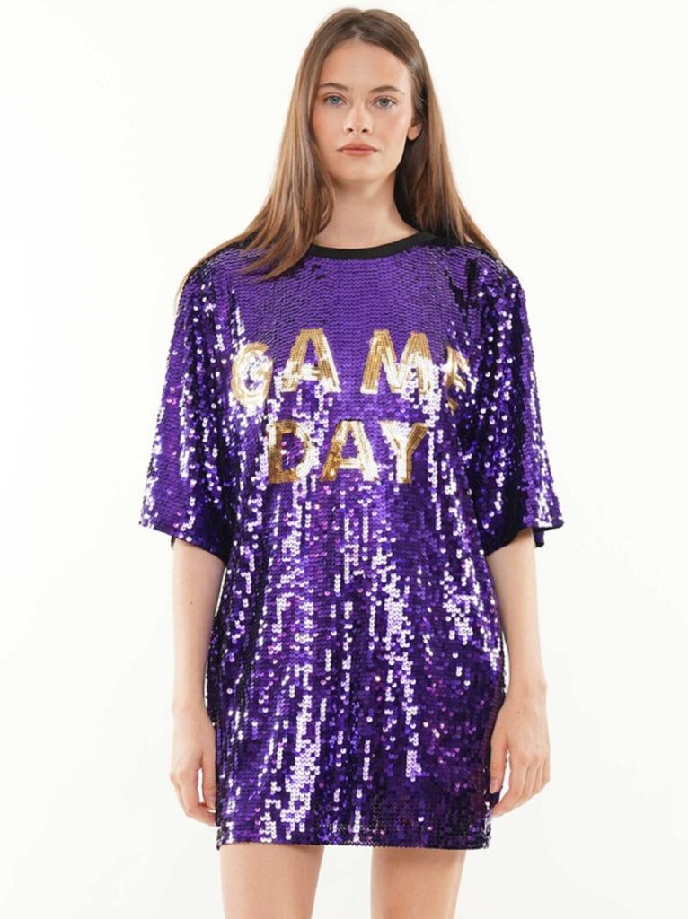 2Chique Boutique Women's Game Day Sequin T Shirt Dress Purple and Gold Sequins on One Side