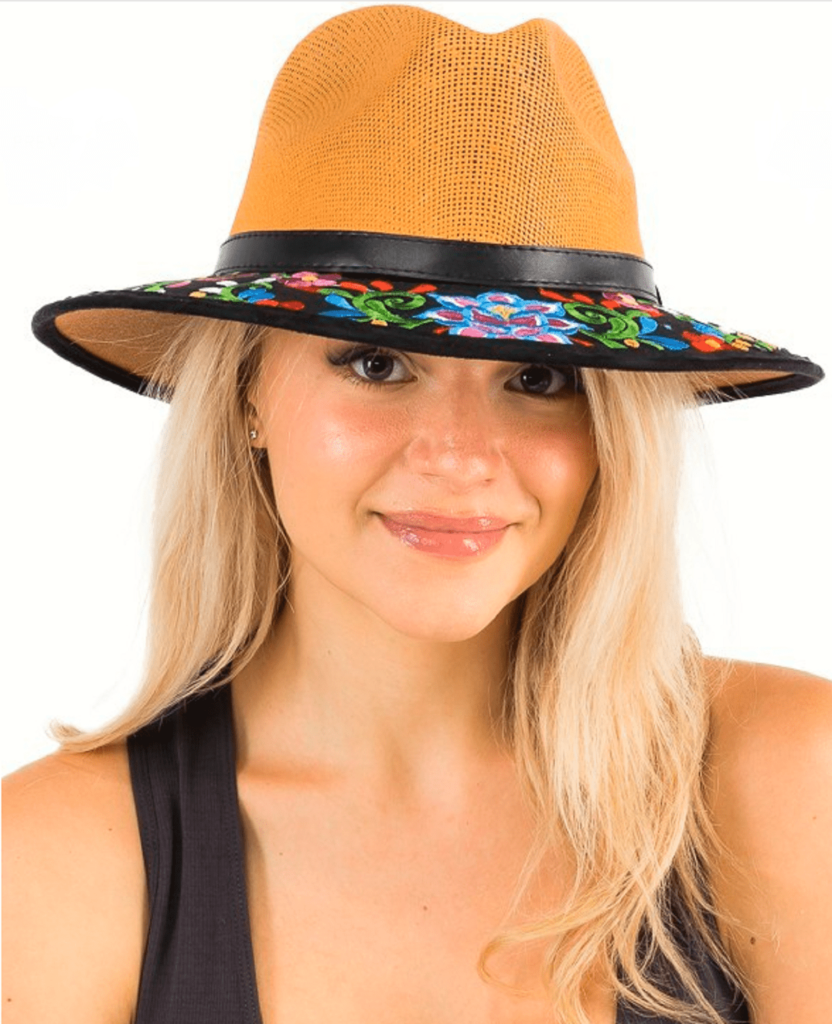 2Chique Boutique Women's Artisan Elite Hand Sewn Floral Embroidered Faux Suede Fedora Panama Hat Camel