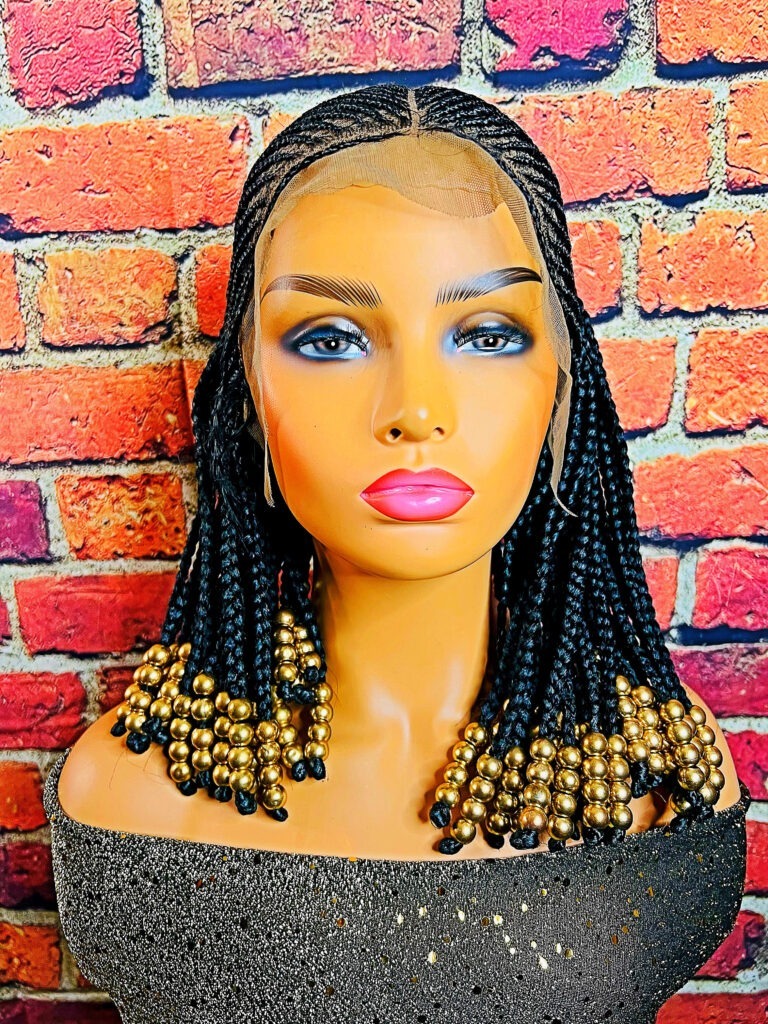 2Chique Boutique Women's Handmade Lace front Cornrow Braided Wig With Gold Beads Color 1, 18 Inches