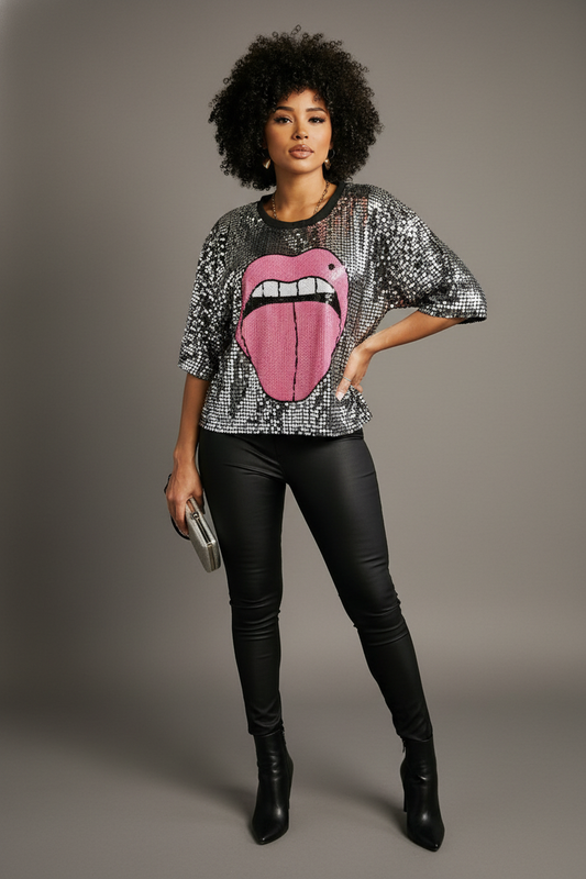 Round Neck Short Sleeve Mouth Print Sequins Top