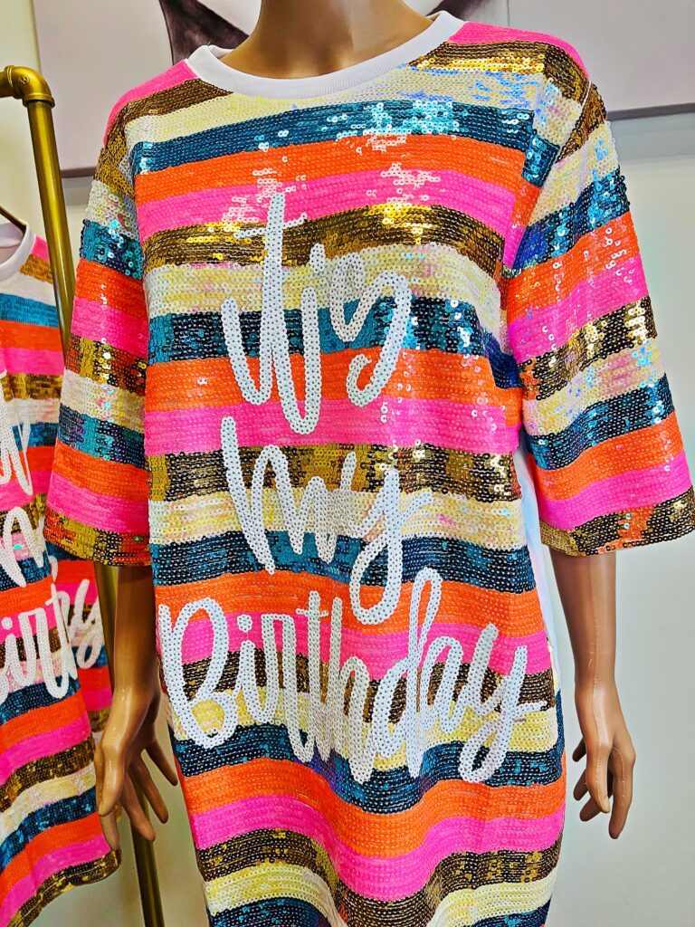2Chique Boutique Women's It's My Birthday Multicolor Stripe Sequin T Shirt Dress One Size Regular