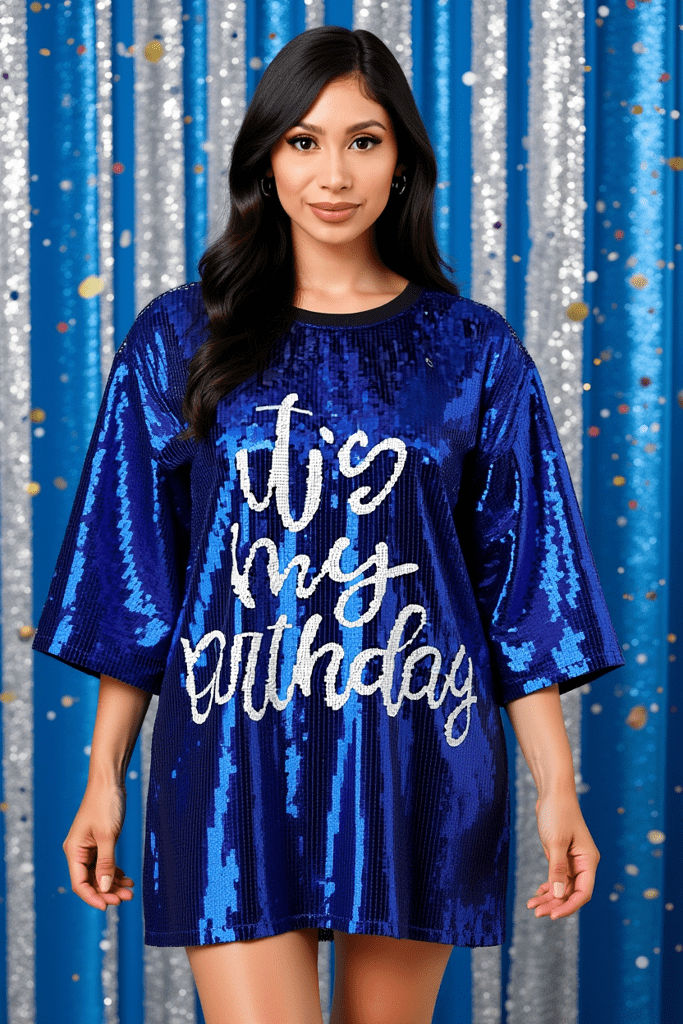 2Chique Boutique Women's Blue It's My Birthday Sequin T Shirt Dress One Size Regular