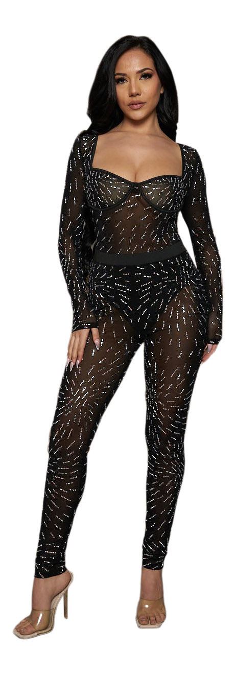 2Chique Boutique Women's 2 piece Clear and AB Stone Rhinestone Mesh Sheer Body Suit and Pant Set