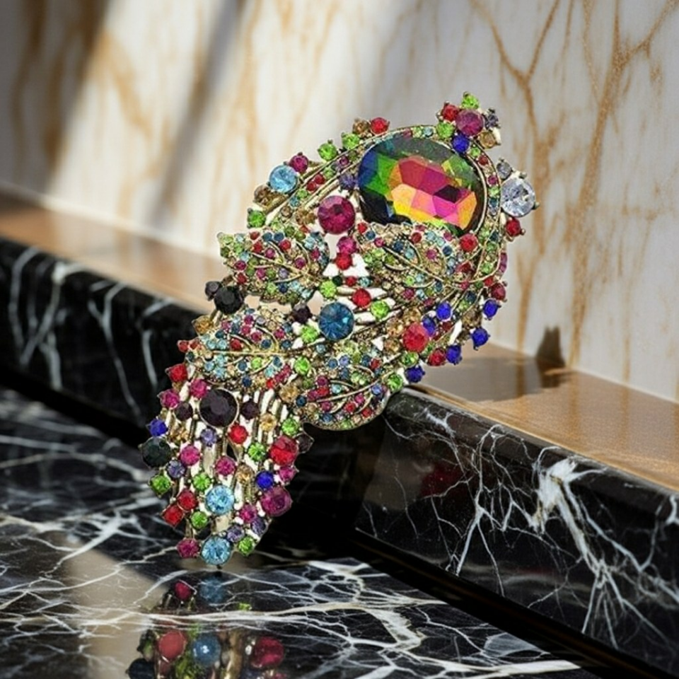 FLOWER DESIGN MULTI COLOR RHINESTONE AND GLASS BROOCH