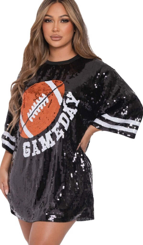 2Chqiue Boutique Women's Game Day Football Sequin T-Shirt Dress Sexy Glitter Dress Black and White