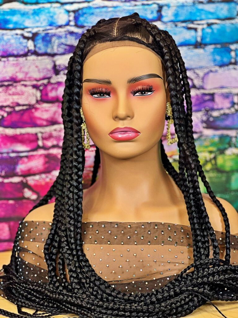 2Chique Boutique Women's Handmade Knotless Braided Full Lace Wig 43 Inches Color 1b with Baby Hair